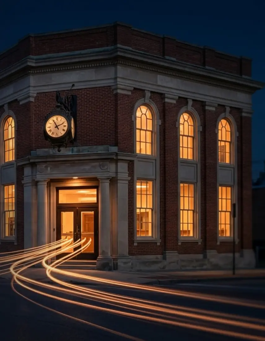 A historic brick bank branch at dusk with warm light trails passing in front
