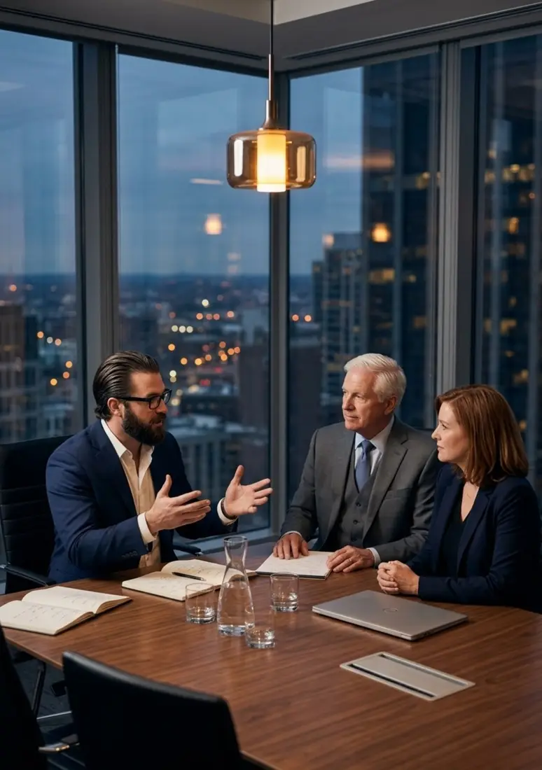 Three executives discussing a merger in a boardroom at dusk