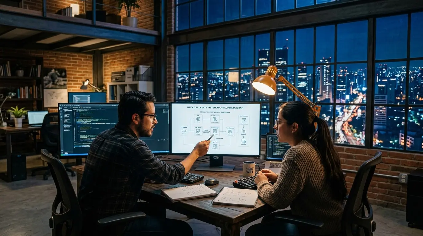 Two engineers review a payments system architecture diagram in a loft office at night