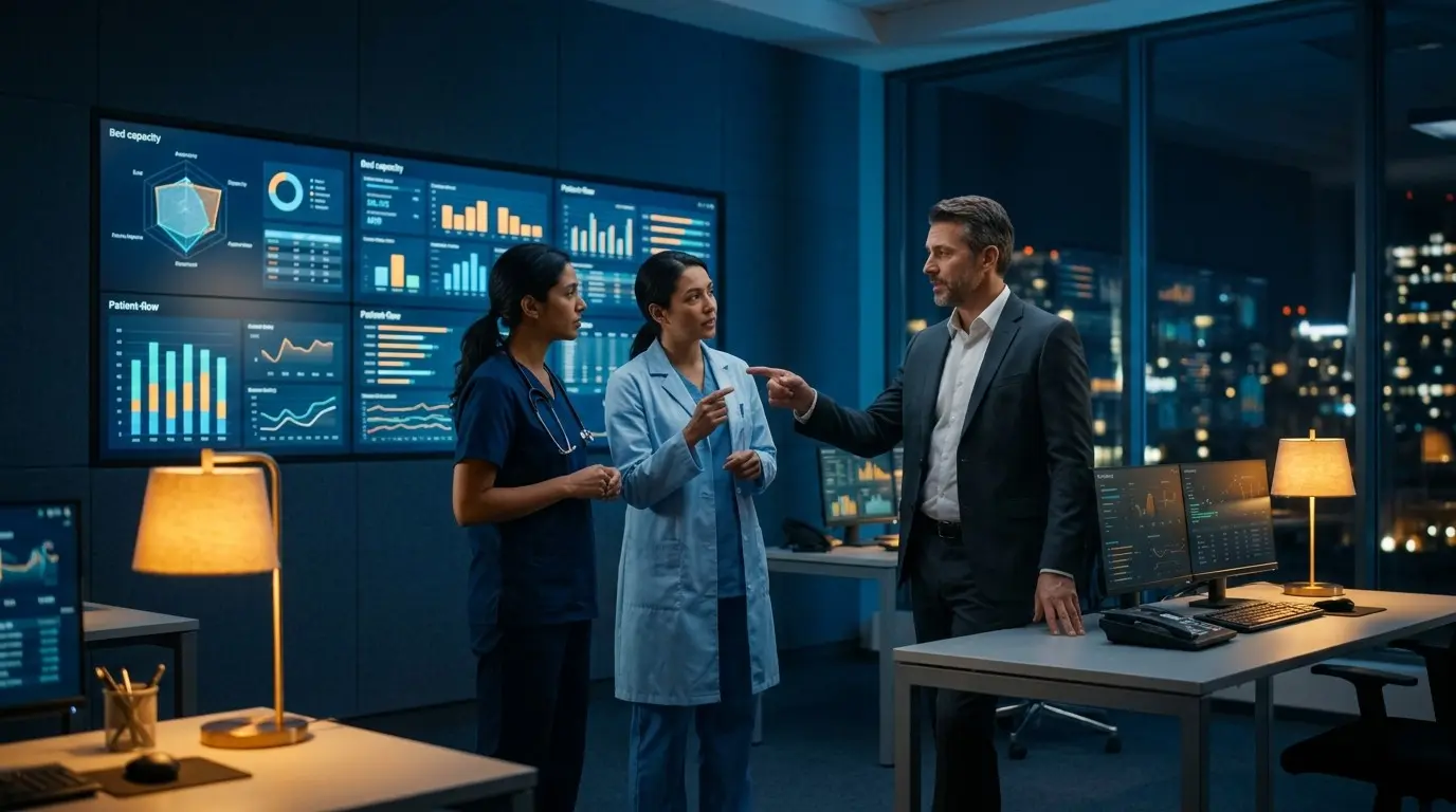 Two clinicians and an operations lead review bed-capacity and patient-flow dashboards in a hospital command center