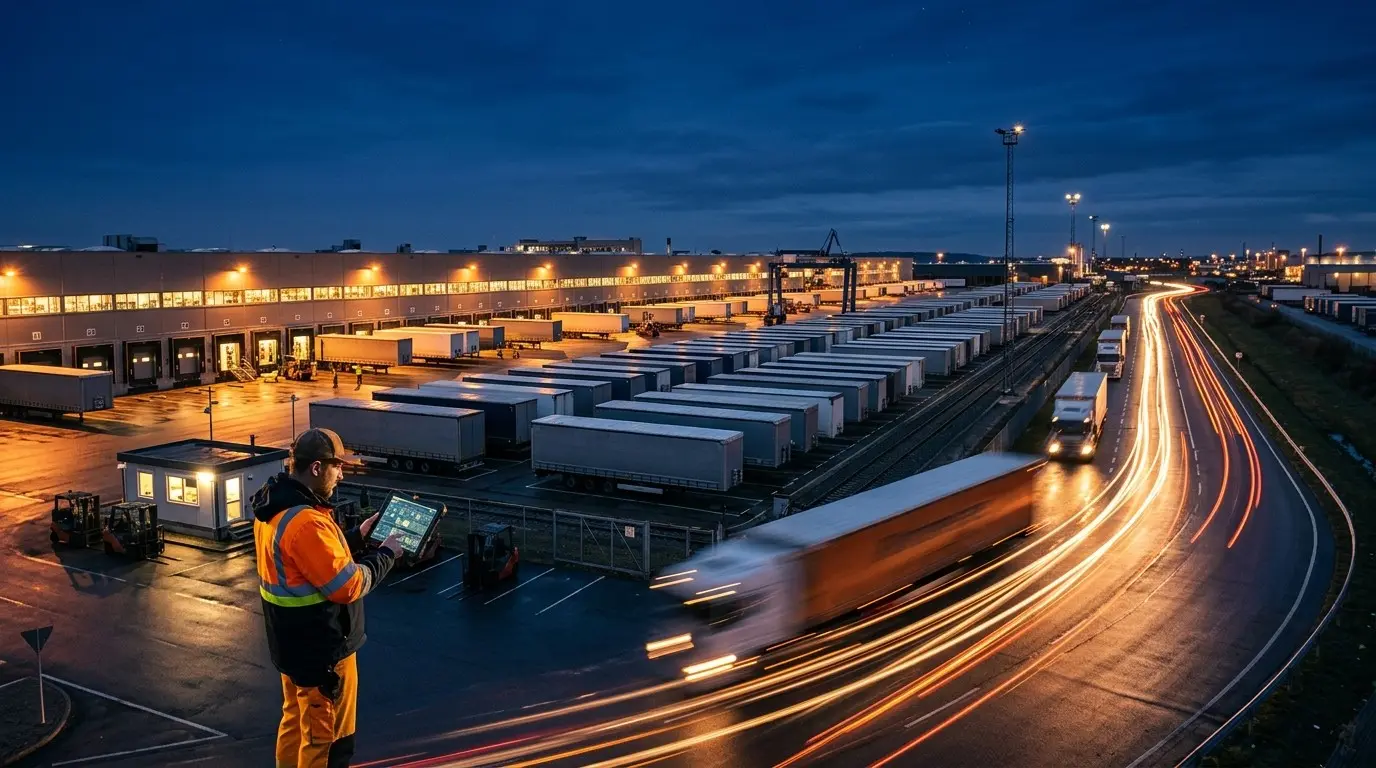 A dispatcher with a tablet overlooks a logistics yard of trailers at dusk as trucks leave in light trails