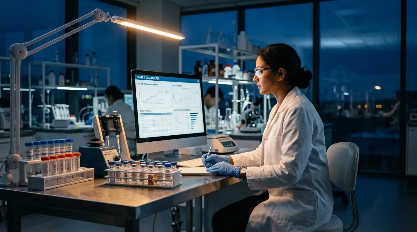 A scientist reviews clinical trial data on a monitor beside sample racks in a laboratory at dusk