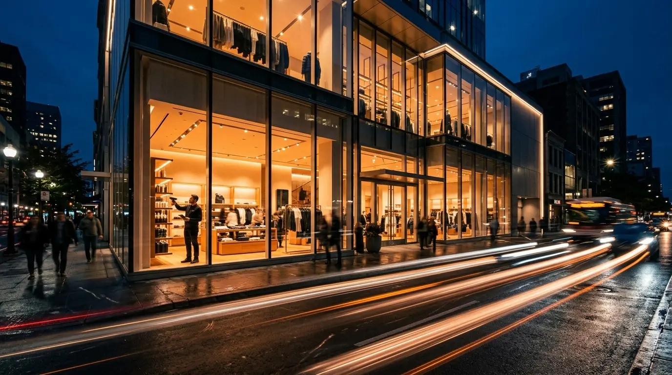 A store associate scans a shelf inside a glass-fronted flagship store at dusk, with light trails from passing traffic