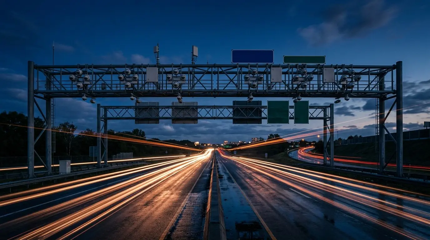 A highway tolling gantry with tag readers and cameras at dusk, with amber light trails from traffic below